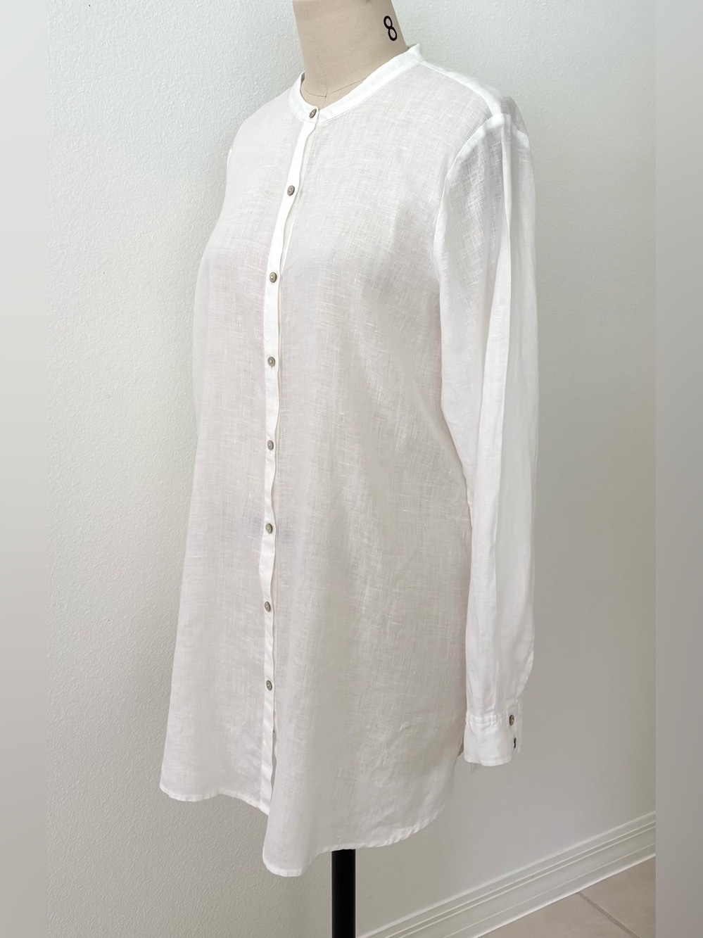 Eileen Fisher White Handkerchief Linen Tunic Mandarin Collar Button-Front M - Picture 3 of 7